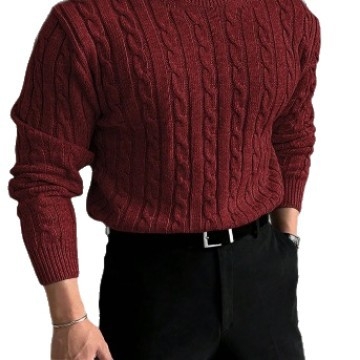 Ανδρικό πουλόβερ φθινοπωρινό-χειμερινό, χοντρή πλεκτή καμπλέ με ημι-υψηλό γιακά, casual στύλ, άνετη γραμμή, ύφασμα Cotton-Like Polyester