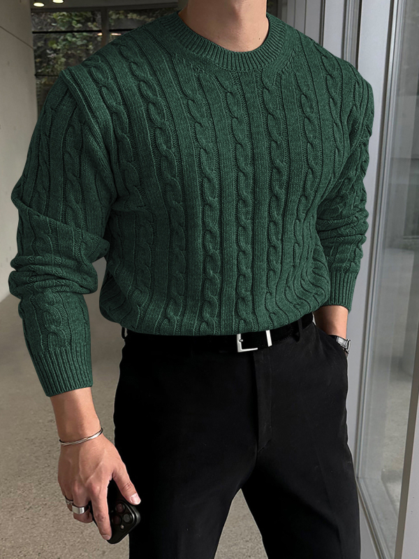 Ανδρικό πουλόβερ φθινοπωρινό-χειμερινό, χοντρή πλεκτή καμπλέ με ημι-υψηλό γιακά, casual στύλ, άνετη γραμμή, ύφασμα Cotton-Like Polyester