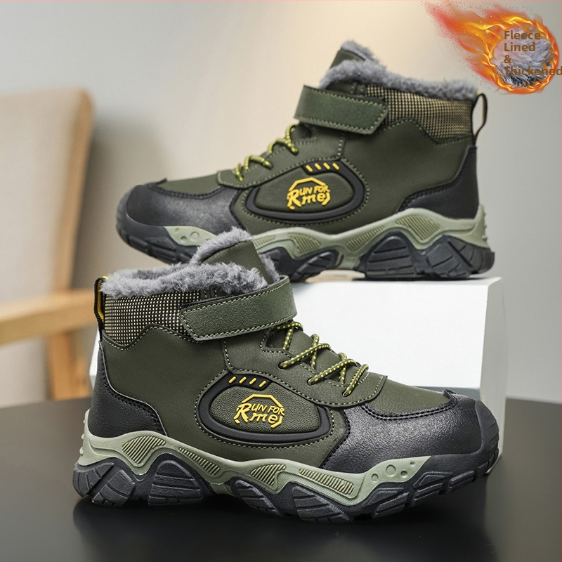 Detské zimné turistické topánky s fleecovou výstelkou, hrubé, zapínanie na suchý zips, vrchný materiál z syntetickej kože, vzor s písmenami, podrážka TPR