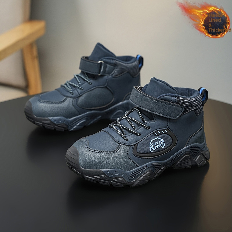 Παιδικά χειμερινά ορειβατικά παπούτσια με fleece επένδυση, παχιά κατασκευή, Velcro κλείσιμο, άνω μέρος από συνθετικό δέρμα, σχέδιο με γράμματα, σόλα TPR