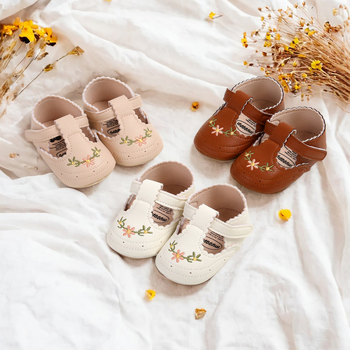 Pantofi pentru copii mici, model brodat, PU parte superioară, respirabili, închidere cu Velcro, 12–36 luni