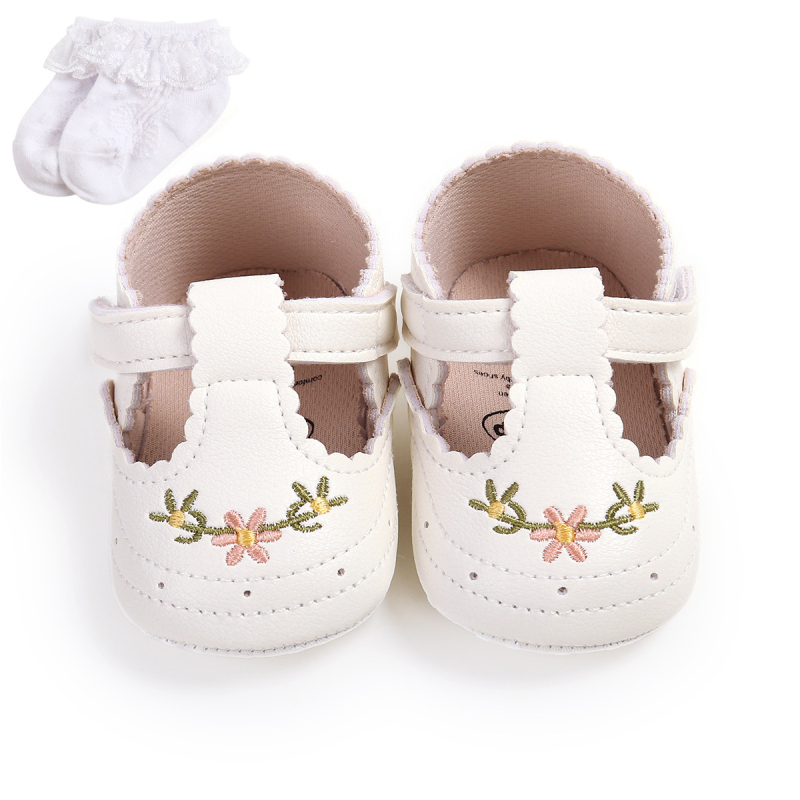 Pantofi pentru copii mici, model brodat, PU parte superioară, respirabili, închidere cu Velcro, 12–36 luni