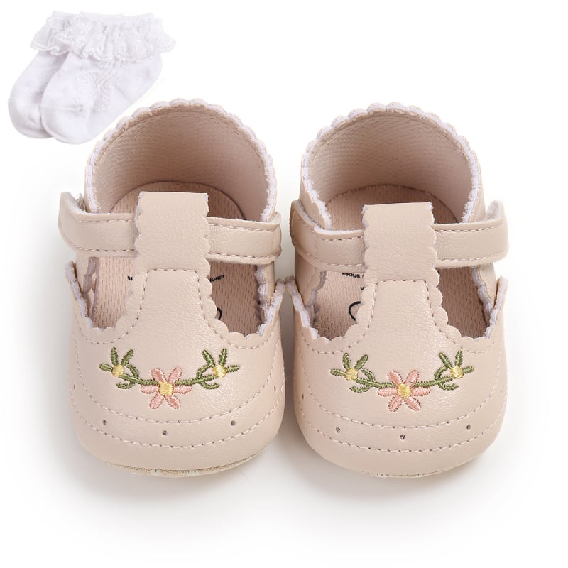 Pantofi pentru copii mici, model brodat, PU parte superioară, respirabili, închidere cu Velcro, 12–36 luni