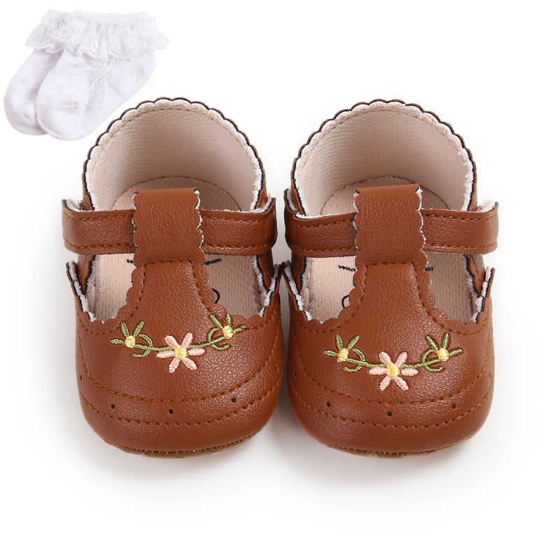 Pantofi pentru copii mici, model brodat, PU parte superioară, respirabili, închidere cu Velcro, 12–36 luni