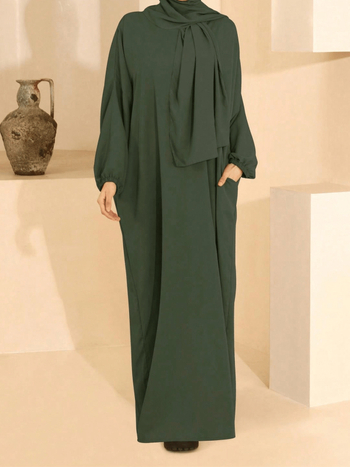 Μακριά ρόμπα σε στυλ Ντουμπάι με τσέπες, 95% πολυεστέρας, μακριές μανίκες, άνοιξη 2024