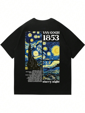 Ανδρική κοντομάνικη T-shirt με εκτύπωση Starry Night – 95% βαμβάκι, χαλαρή εφαρμογή, στρογγυλή λαιμόκοψη, κοντά μανίκια