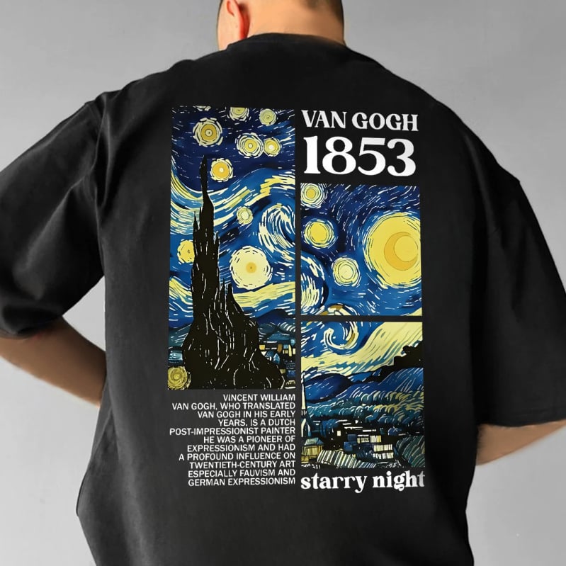 Férfi pamut póló Starry Night mintával – 95% feletti pamut, lazán szabott, kerek nyakú, rövid ujjú