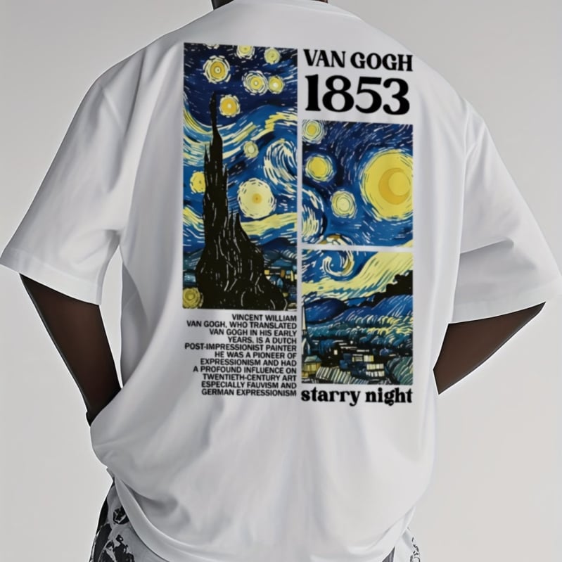 Férfi pamut póló Starry Night mintával – 95% feletti pamut, lazán szabott, kerek nyakú, rövid ujjú