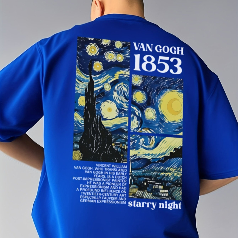 Férfi pamut póló Starry Night mintával – 95% feletti pamut, lazán szabott, kerek nyakú, rövid ujjú