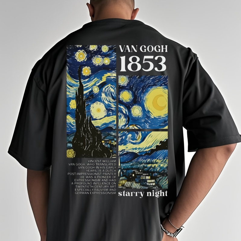 Férfi pamut póló Starry Night mintával – 95% feletti pamut, lazán szabott, kerek nyakú, rövid ujjú