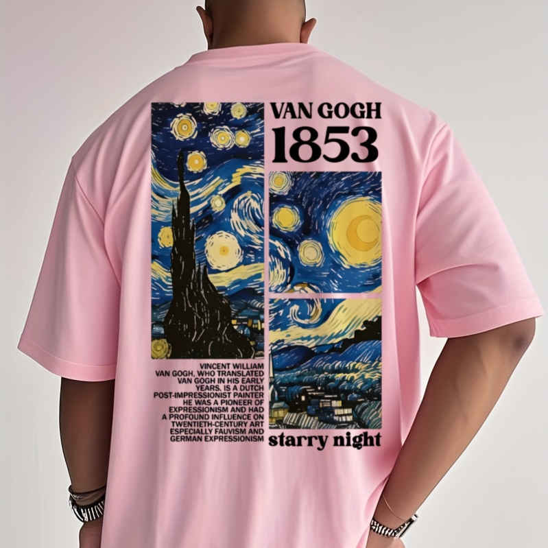 Férfi pamut póló Starry Night mintával – 95% feletti pamut, lazán szabott, kerek nyakú, rövid ujjú