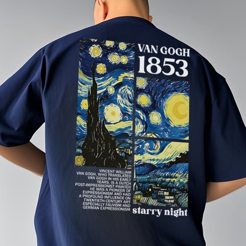 Férfi pamut póló Starry Night mintával – 95% feletti pamut, lazán szabott, kerek nyakú, rövid ujjú