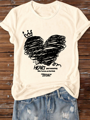 Tricou cu temă de Ziua Îndrăgostiților: print cu litere și inimă, motiv de inimă personalizat, guler rotund, mâneci scurte, croială lejeră