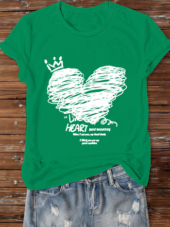 Тениска със Свети Валентин: принт с букви и сърце, персонализиран дизайн, кръгло деколте, къси ръкави, свободна кройка