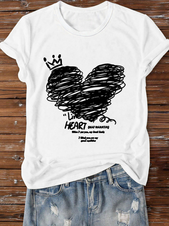 Тениска със Свети Валентин: принт с букви и сърце, персонализиран дизайн, кръгло деколте, къси ръкави, свободна кройка