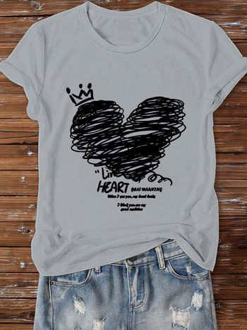 Тениска със Свети Валентин: принт с букви и сърце, персонализиран дизайн, кръгло деколте, къси ръкави, свободна кройка