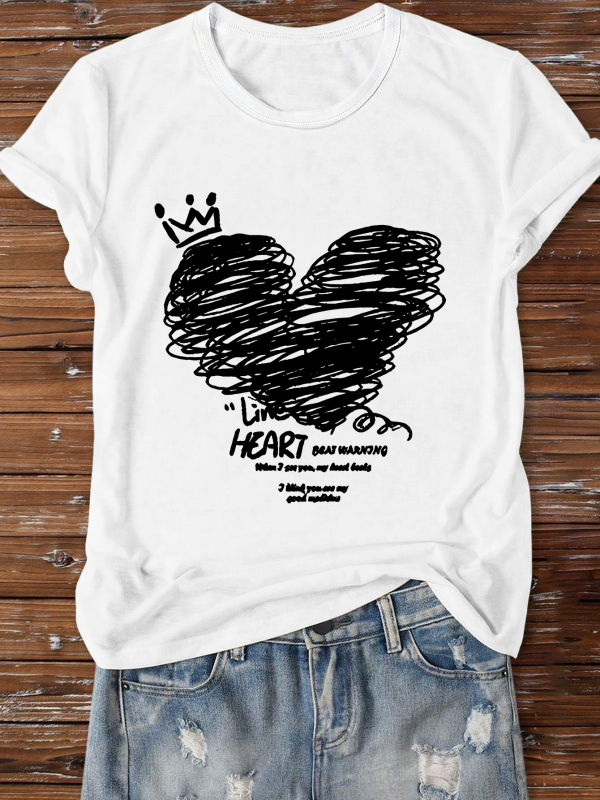 Tricou cu temă de Ziua Îndrăgostiților: print cu litere și inimă, motiv de inimă personalizat, guler rotund, mâneci scurte, croială lejeră