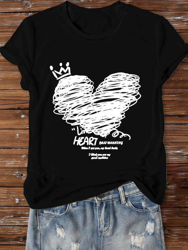 Tricou cu temă de Ziua Îndrăgostiților: print cu litere și inimă, motiv de inimă personalizat, guler rotund, mâneci scurte, croială lejeră