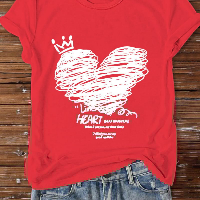 Tricou cu temă de Ziua Îndrăgostiților: print cu litere și inimă, motiv de inimă personalizat, guler rotund, mâneci scurte, croială lejeră