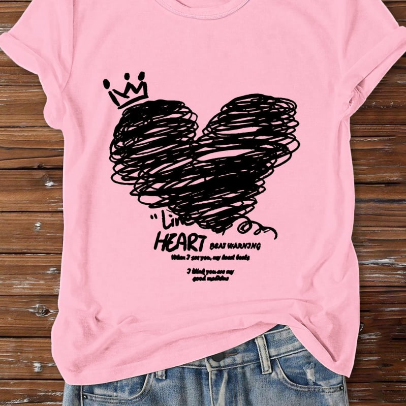 Tricou cu temă de Ziua Îndrăgostiților: print cu litere și inimă, motiv de inimă personalizat, guler rotund, mâneci scurte, croială lejeră