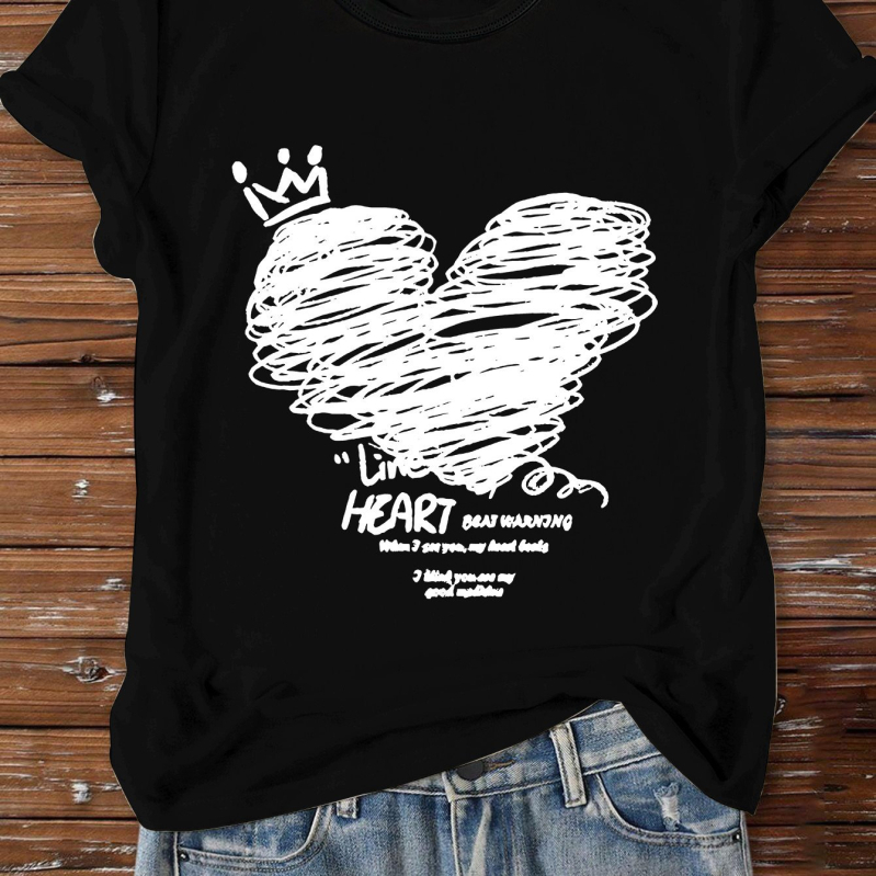 Tricou cu temă de Ziua Îndrăgostiților: print cu litere și inimă, motiv de inimă personalizat, guler rotund, mâneci scurte, croială lejeră