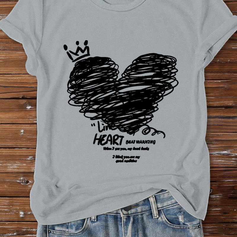 Tricou cu temă de Ziua Îndrăgostiților: print cu litere și inimă, motiv de inimă personalizat, guler rotund, mâneci scurte, croială lejeră