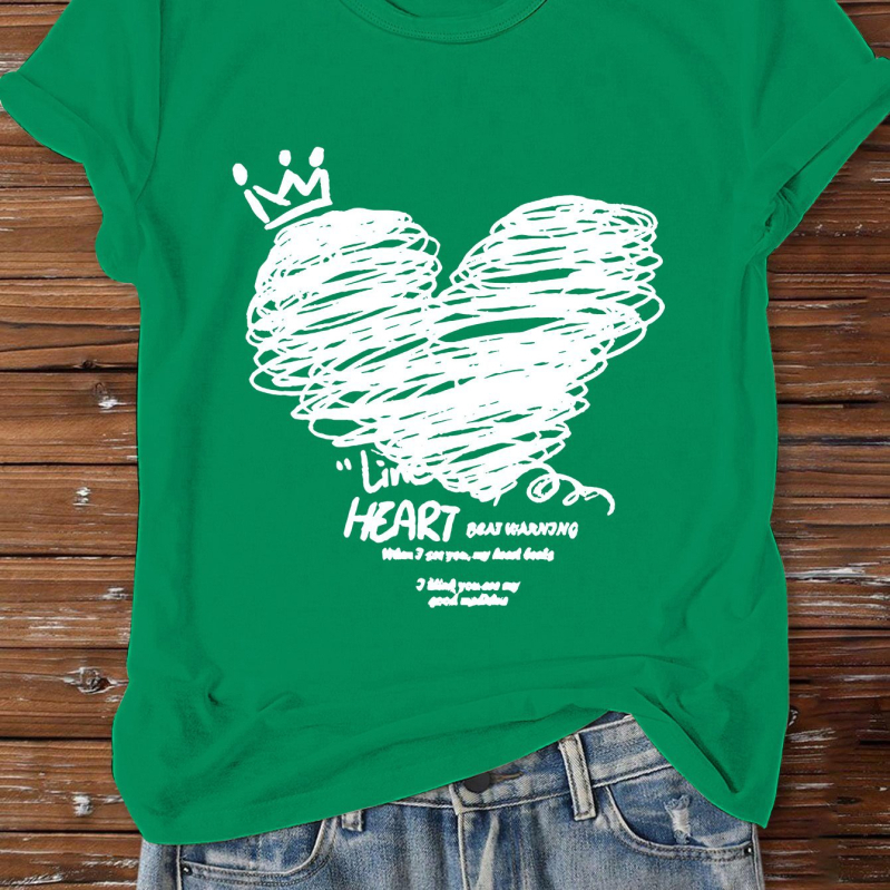 Tricou cu temă de Ziua Îndrăgostiților: print cu litere și inimă, motiv de inimă personalizat, guler rotund, mâneci scurte, croială lejeră