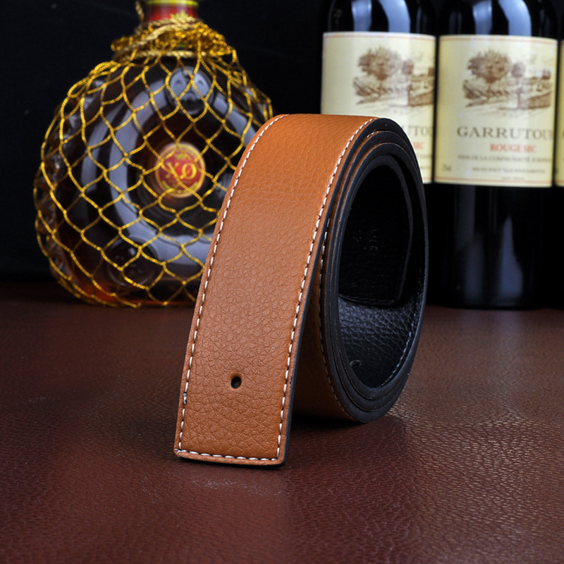 Ζώνη από γνήσιο δέρμα με λεία αγκράφα χωρίς κεφαλή, δύο στρώσεις βοοειδούς δέρματος, σε στυλ H με σκουρόχρωμες γραμμές