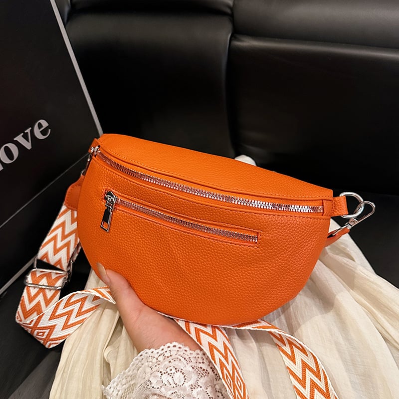 Geantă de tip chest crossbody pentru femei, curea lată — piele PU, căptușeală poliester, închidere cu fermoar, buzunar pentru telefon și documente