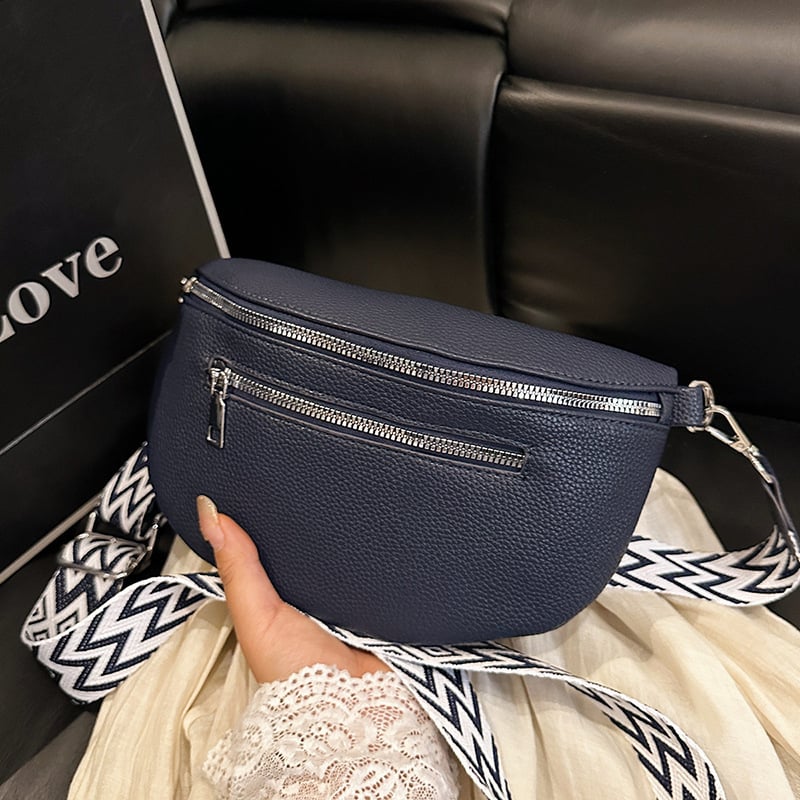 Geantă de tip chest crossbody pentru femei, curea lată — piele PU, căptușeală poliester, închidere cu fermoar, buzunar pentru telefon și documente