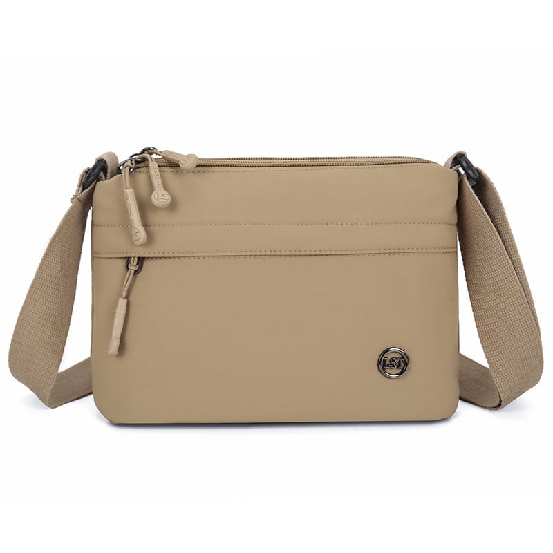 Nailona crossbody soma, pilsētas minimālisma stils, mazs kvadrāta formāts, rāvējslēdzēja atvērums, poliesteru odere, iekšējie kabati ar rāvējslēdzēju