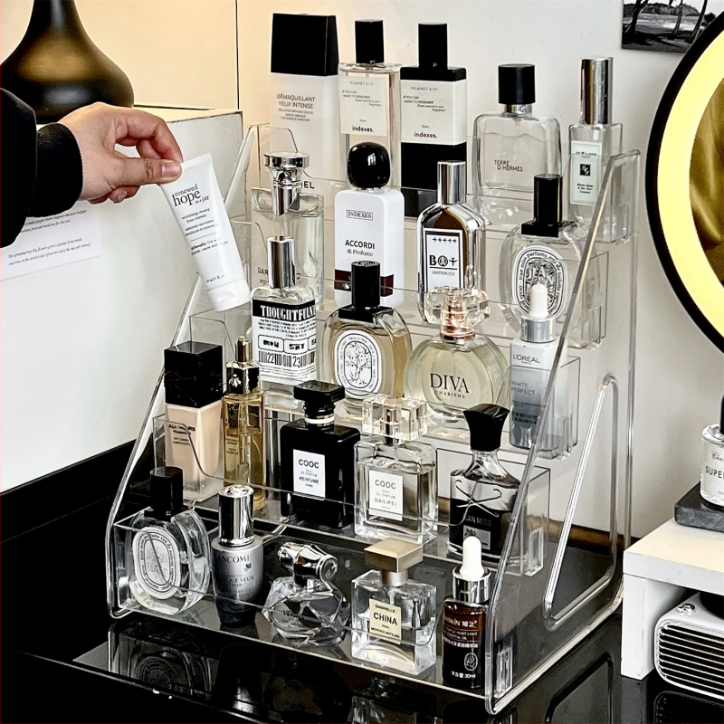 Stojan na parfémy na stole v štýle vodopádu, priehľadný, veľká kapacita, viac úrovní, odnímateľné úložisko
