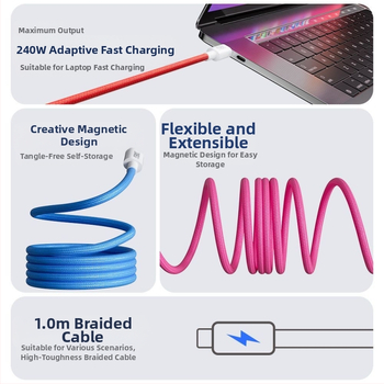 Кабел за данни с двойни конектори Lightning и Type-C, 240W бързо зареждане, нейлоново усукан кабел