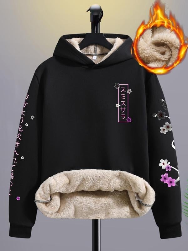 Ανδρικό hoodie πουλόβερ με φλοράλ και εκτύπωση γραμμάτων, κουκούλα, θερμική επένδυση, Corduroy ύφασμα