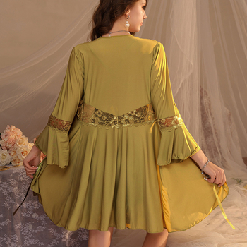 Σετ ύπνου δύο τεμαχίων: Φρανσέζικου στυλ φόρεμα με ανοιχτή πλάτη και ρόμπα, Ice Silk‑νάιλον μίξη, V‑λαιμός, μακριά μανίκια, σέξι νυχτερινό σετ