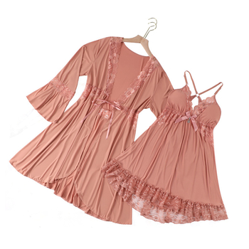 Σετ ύπνου δύο τεμαχίων: Φρανσέζικου στυλ φόρεμα με ανοιχτή πλάτη και ρόμπα, Ice Silk‑νάιλον μίξη, V‑λαιμός, μακριά μανίκια, σέξι νυχτερινό σετ