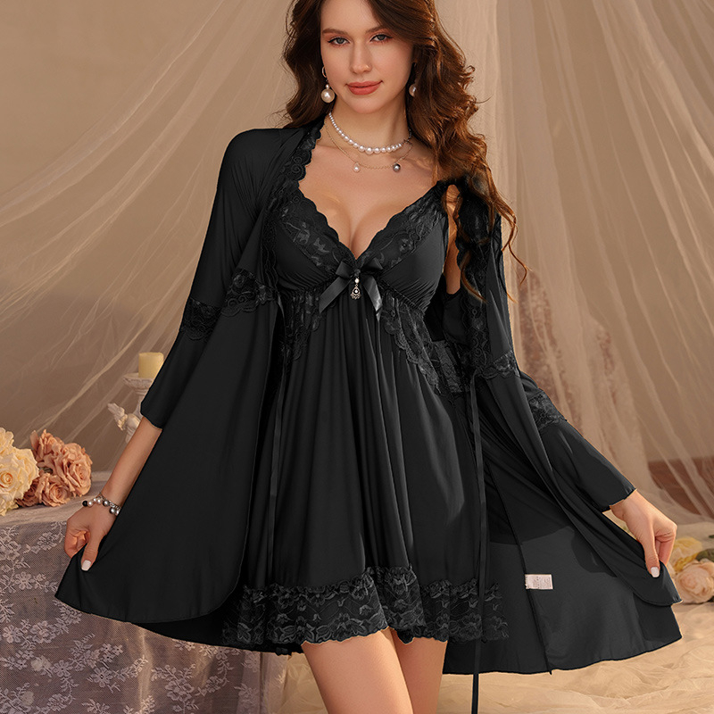 Σετ ύπνου δύο τεμαχίων: Φρανσέζικου στυλ φόρεμα με ανοιχτή πλάτη και ρόμπα, Ice Silk‑νάιλον μίξη, V‑λαιμός, μακριά μανίκια, σέξι νυχτερινό σετ