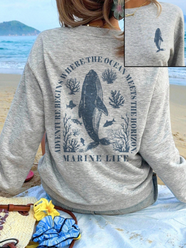 Džemperis ar Whale Shark motīvu, garas piedurknes, apaļa kakla izgriezums, vidējā garuma, DTG drukāšana