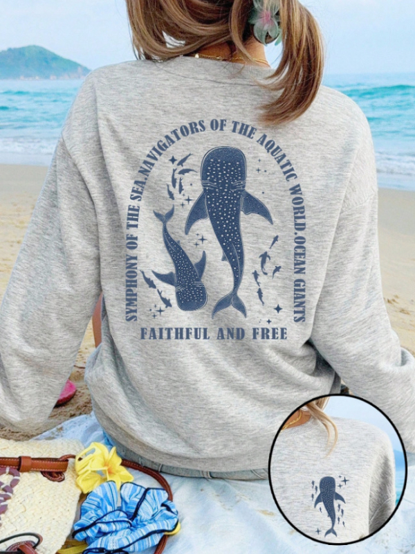 Džemperis ar Whale Shark motīvu, garas piedurknes, apaļa kakla izgriezums, vidējā garuma, DTG drukāšana