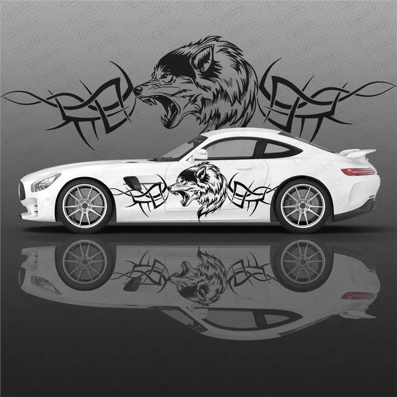 Autómatrica farkas mintázattal, PVC anyag, fényvisszaverő figyelmeztető matrica, telepítés vákuumos csészével