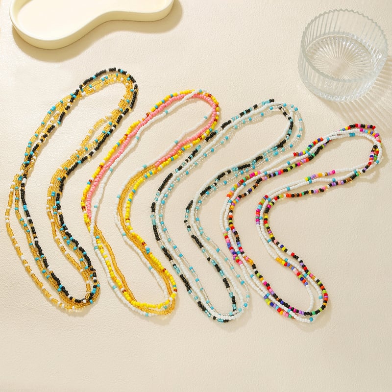 Vidukļa ķēde ar rižu pērlēm, diamantapstrāde, dubultā un daudzslāņu elastīgs dizains, unisex ģeometriskais stils, etniskais stils, rudens 2025