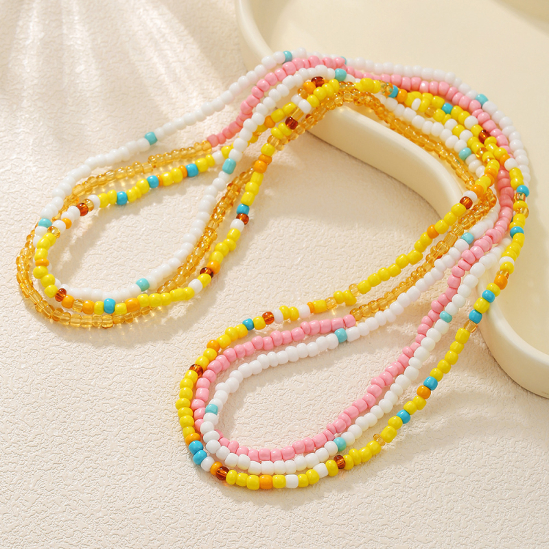 Vidukļa ķēde ar rižu pērlēm, diamantapstrāde, dubultā un daudzslāņu elastīgs dizains, unisex ģeometriskais stils, etniskais stils, rudens 2025