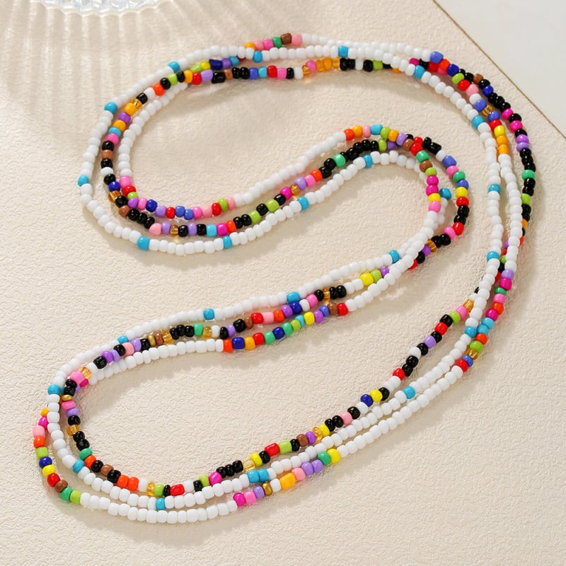 Vidukļa ķēde ar rižu pērlēm, diamantapstrāde, dubultā un daudzslāņu elastīgs dizains, unisex ģeometriskais stils, etniskais stils, rudens 2025