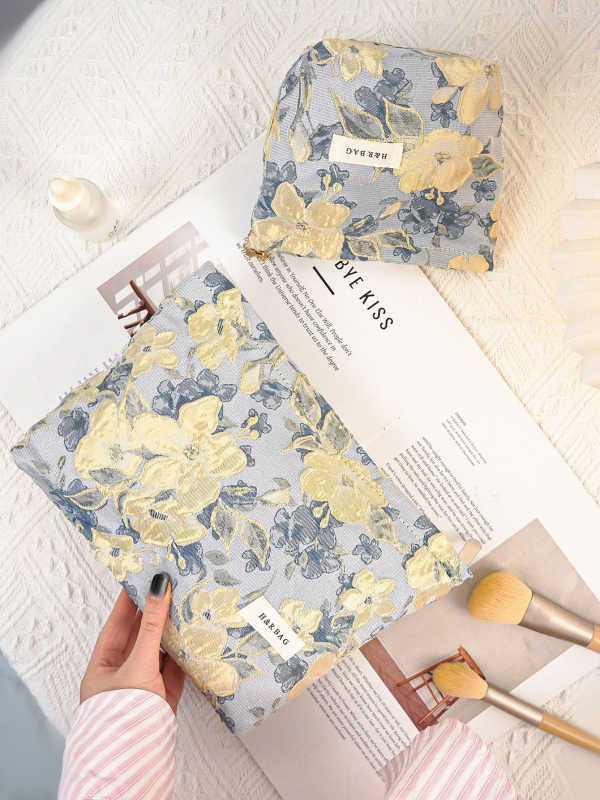 Geantă de mână unisex cu broderie florală, poliester, căptușeală din pânză, respirabilă și ultra ușoară, stil urban minimalist