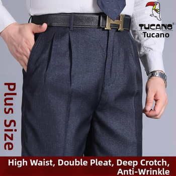 Muške hlače s dvostrukim plisama, visokim strukom, labavim krojem, ravnog kroja, poliester tkanina