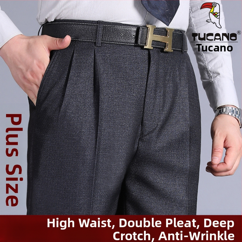 Pánske nohavice s dvojitými záhybmi, vysoký pás, voľný strih, rovný strih, polyesterový materiál