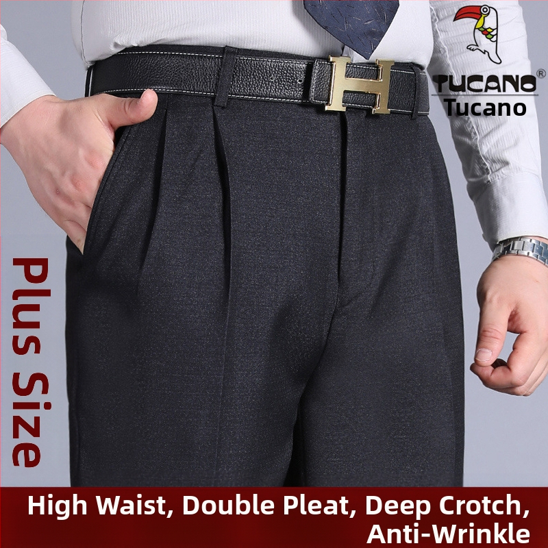 Pánske nohavice s dvojitými záhybmi, vysoký pás, voľný strih, rovný strih, polyesterový materiál