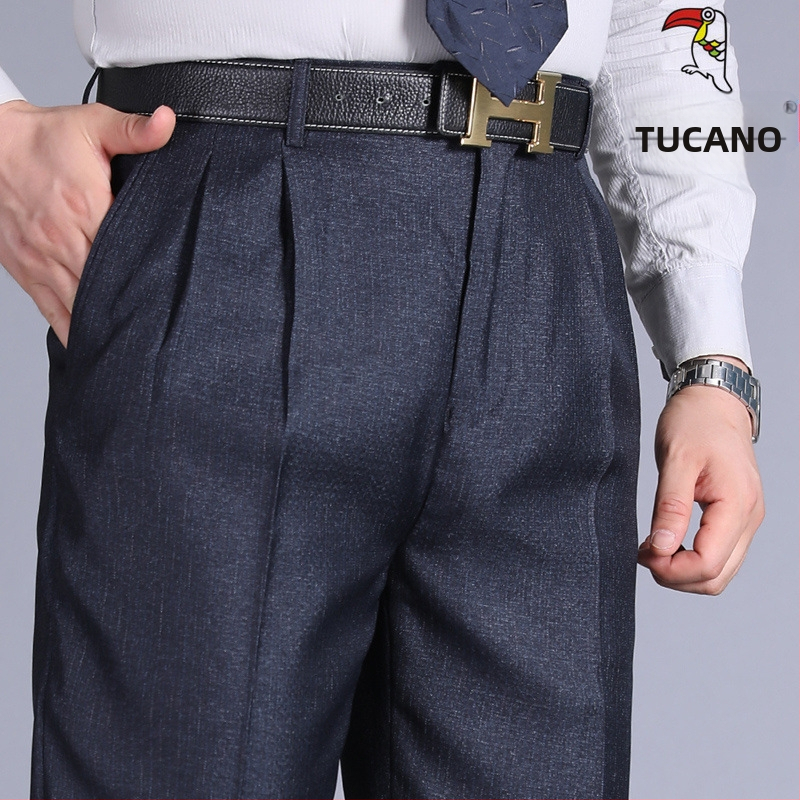 Muške hlače s dvostrukim plisama, visokim strukom, labavim krojem, ravnog kroja, poliester tkanina