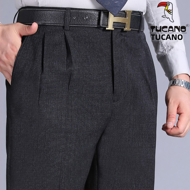 Muške hlače s dvostrukim plisama, visokim strukom, labavim krojem, ravnog kroja, poliester tkanina