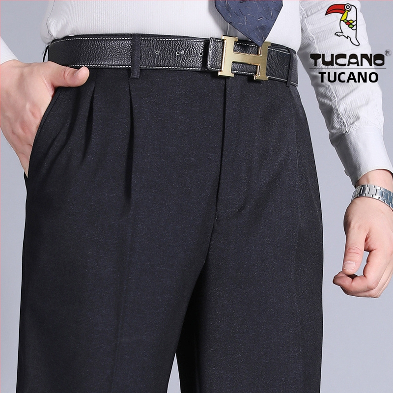 Muške hlače s dvostrukim plisama, visokim strukom, labavim krojem, ravnog kroja, poliester tkanina